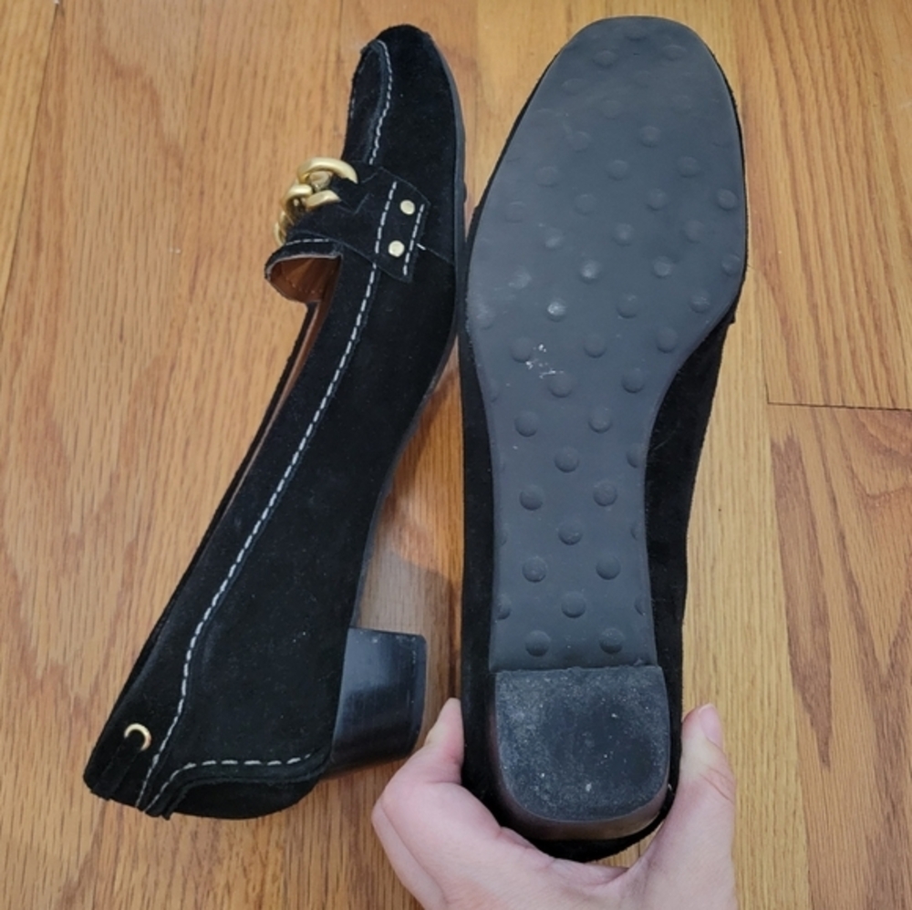 Talbots Piper 2 Women's Suede Heeled Loafers Black Size 7B Gold Chain Stitching‎ - Picture 9 of 11